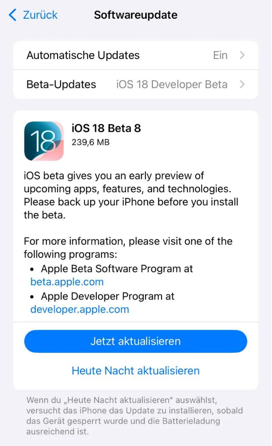 闽清苹果手机维修分享苹果 iOS / iPadOS 18 开发者预览版 Beta 8 发布 